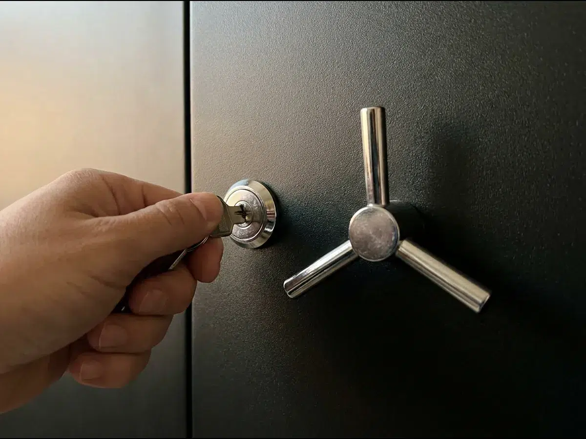 Main qui tourne la clé dans la serrure d'une armoire forte pour armes fermée