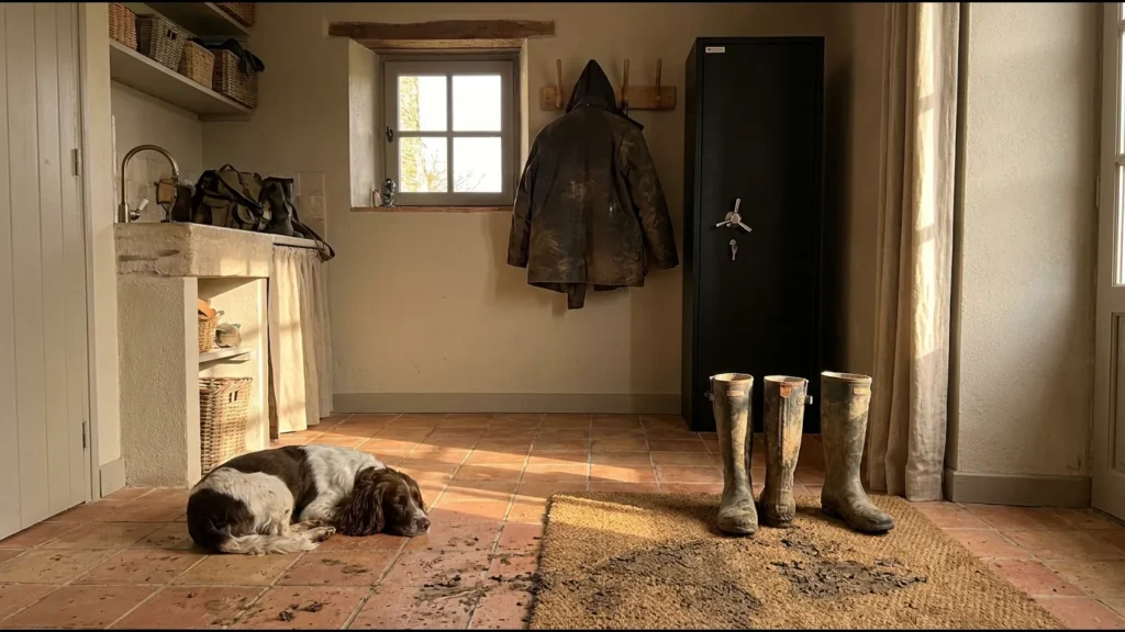 Cellier après la chasse, bottes boueuses et chien couché, l'armoire forte fermée avec la clé dans la serrure