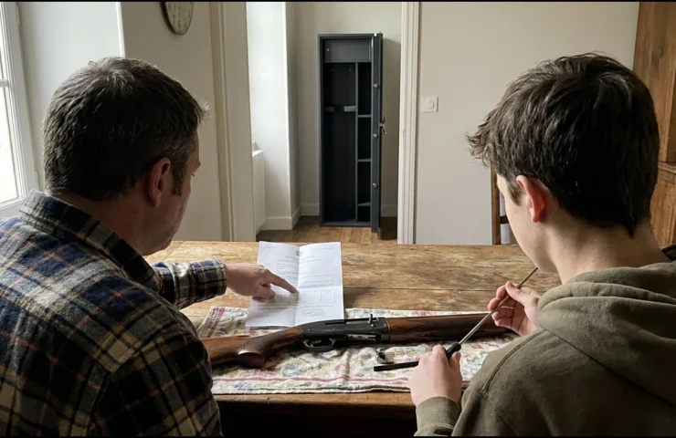 Père et fils de dos à une table de cuisine, un fusil de chasse posé sur un chiffon, un document officiel à côté, l'armoire forte ouverte dans le couloir