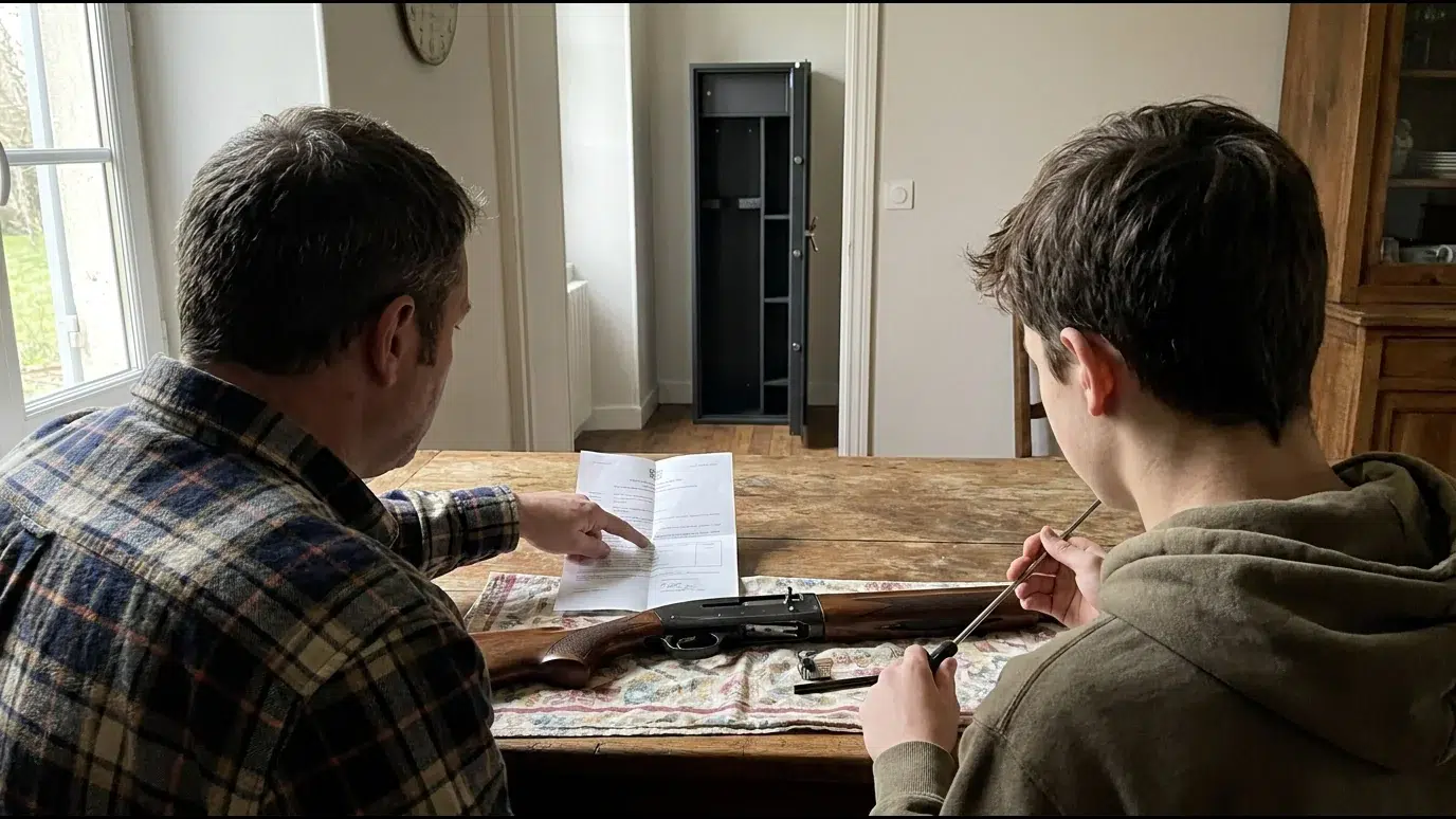 Père et fils de dos à une table de cuisine, un fusil de chasse posé sur un chiffon, un document officiel à côté, l'armoire forte ouverte dans le couloir