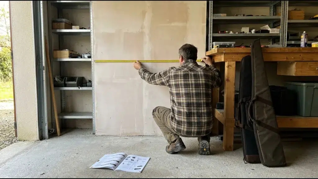 Homme accroupi qui mesure un pan de mur de garage au mètre ruban, une housse de fusil appuyée contre l'établi, un catalogue ouvert au sol