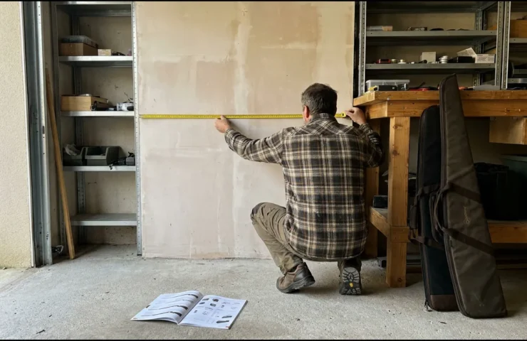 Homme accroupi qui mesure un pan de mur de garage au mètre ruban, une housse de fusil appuyée contre l'établi, un catalogue ouvert au sol