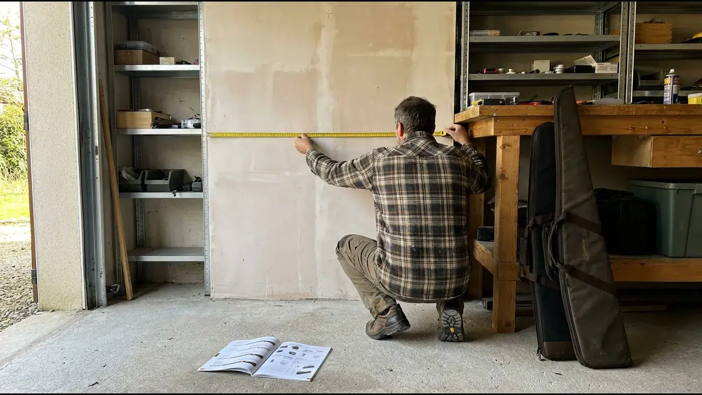 Homme accroupi qui mesure un pan de mur de garage au mètre ruban, une housse de fusil appuyée contre l'établi, un catalogue ouvert au sol