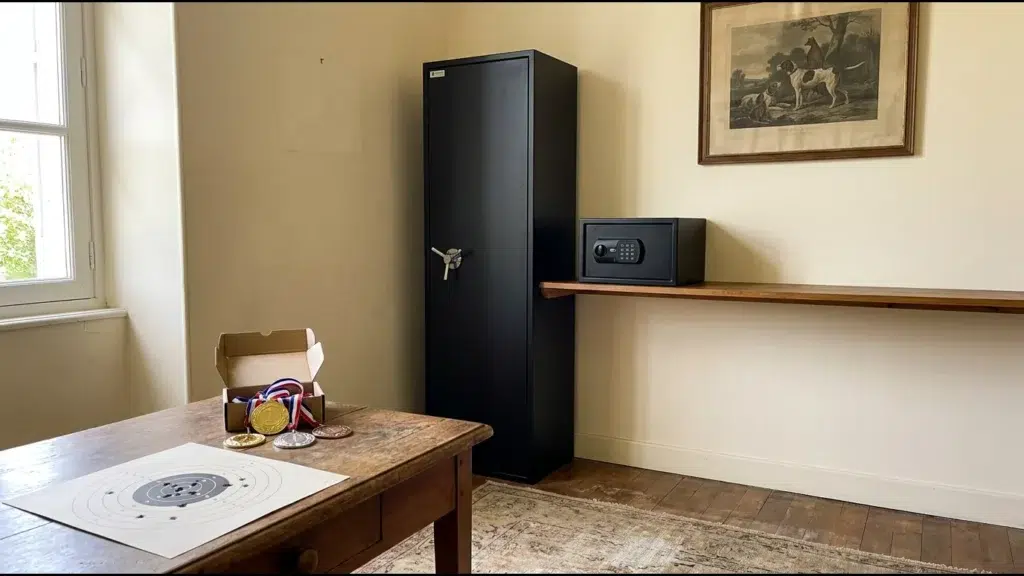 Bureau avec une cible de tir sportif percée et des médailles de club, un tableau de chasse au mur, une armoire haute et un petit coffre fermés au fond