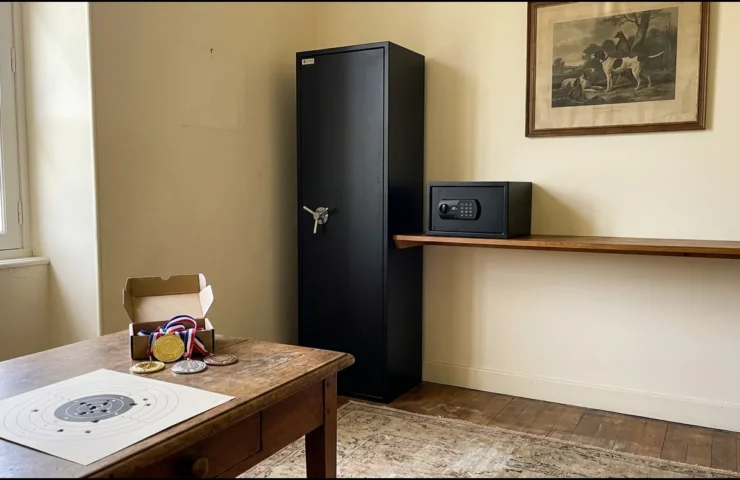 Bureau avec une cible de tir sportif percée et des médailles de club, un tableau de chasse au mur, une armoire haute et un petit coffre fermés au fond