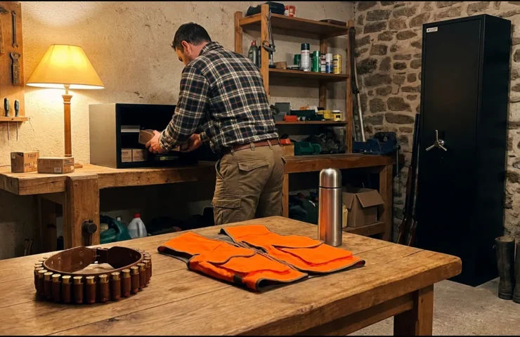 Chasseur de dos qui range des boîtes de cartouches dans un petit coffre sur une étagère, cartouchière et gilet orange sur la table, armoire forte fermée à l'autre bout de la pièce