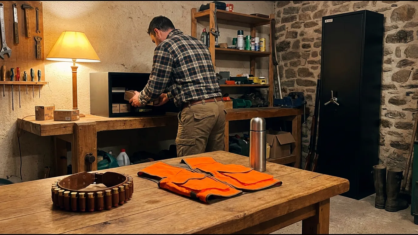Chasseur de dos qui range des boîtes de cartouches dans un petit coffre sur une étagère, cartouchière et gilet orange sur la table, armoire forte fermée à l'autre bout de la pièce