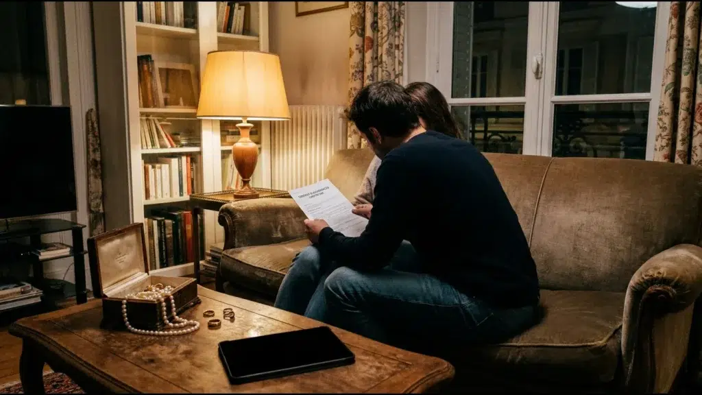 Couple de dos sur un canapé qui feuillette un contrat d'assurance, une boîte à bijoux ancienne ouverte sur la table basse