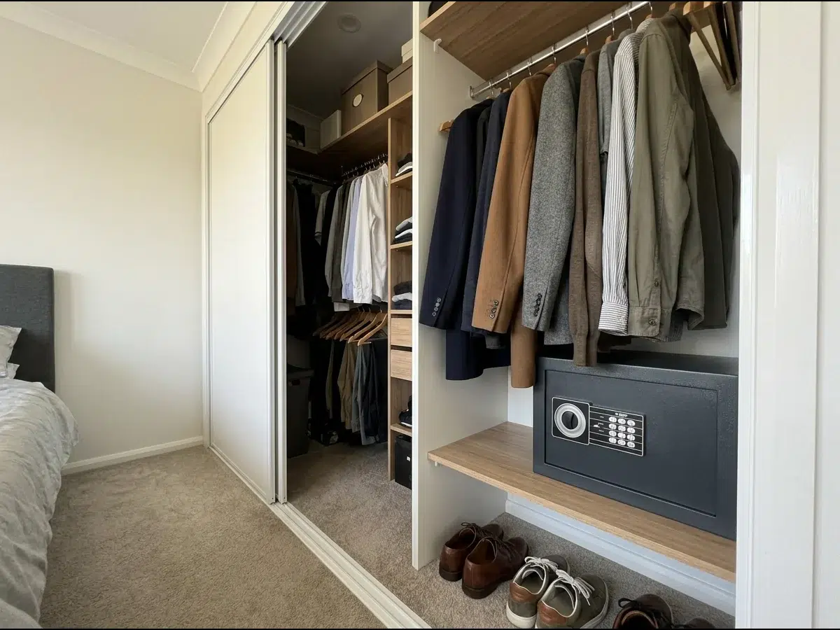 Coffre-fort fixé au bas d'un dressing de chambre, en partie caché par des vêtements suspendus