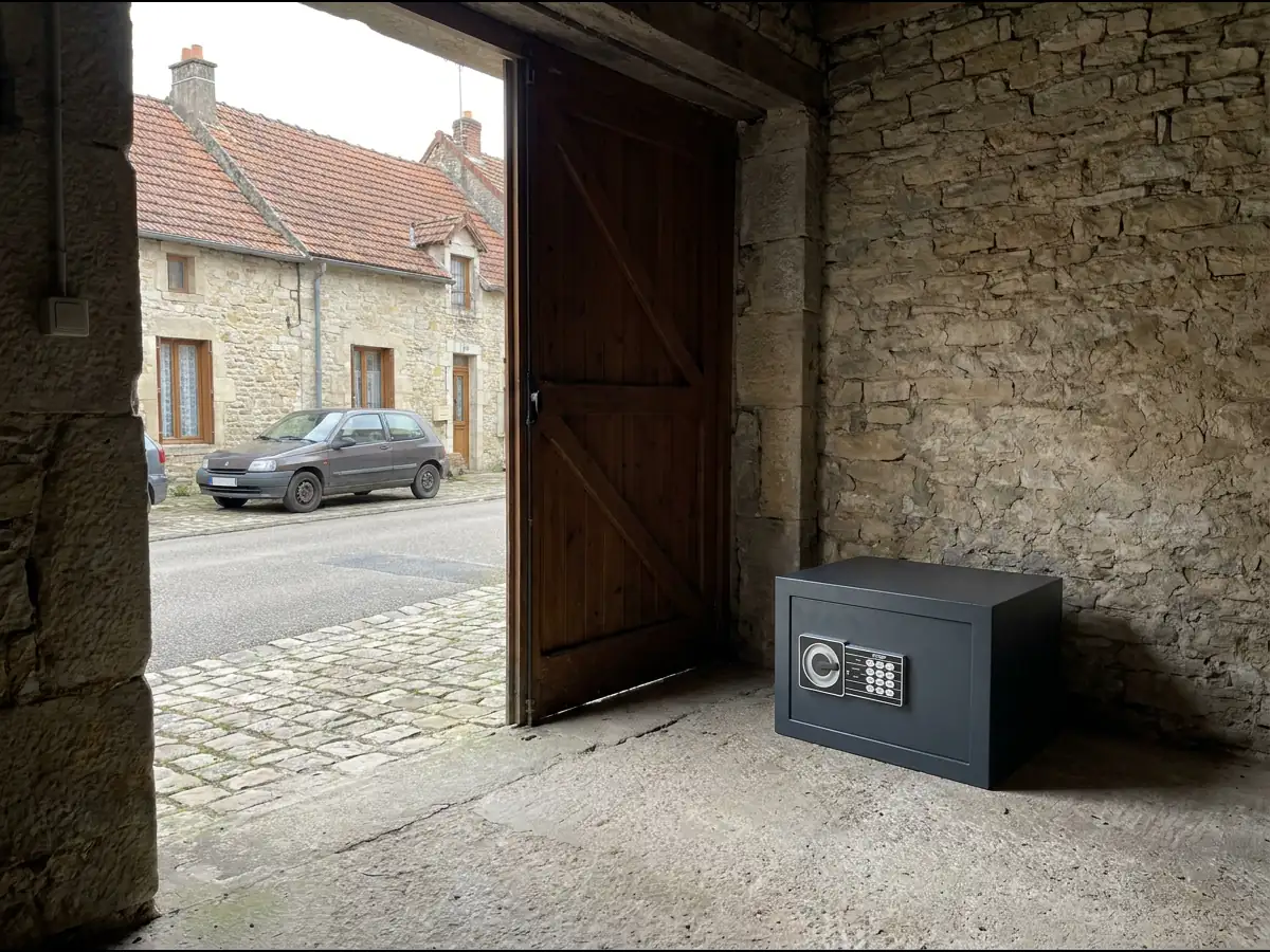 Coffre-fort posé au sol d'un garage, non fixé, visible depuis la porte ouverte donnant sur la rue