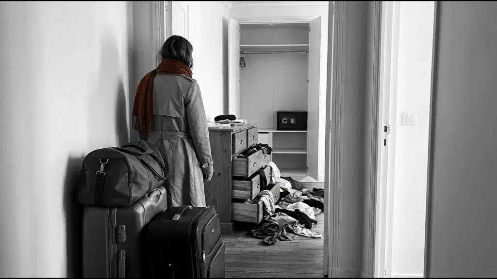 Femme de dos immobile sur le seuil d'une chambre fouillée, valises dans l'entrée, un coffre-fort fermé intact au fond du placard