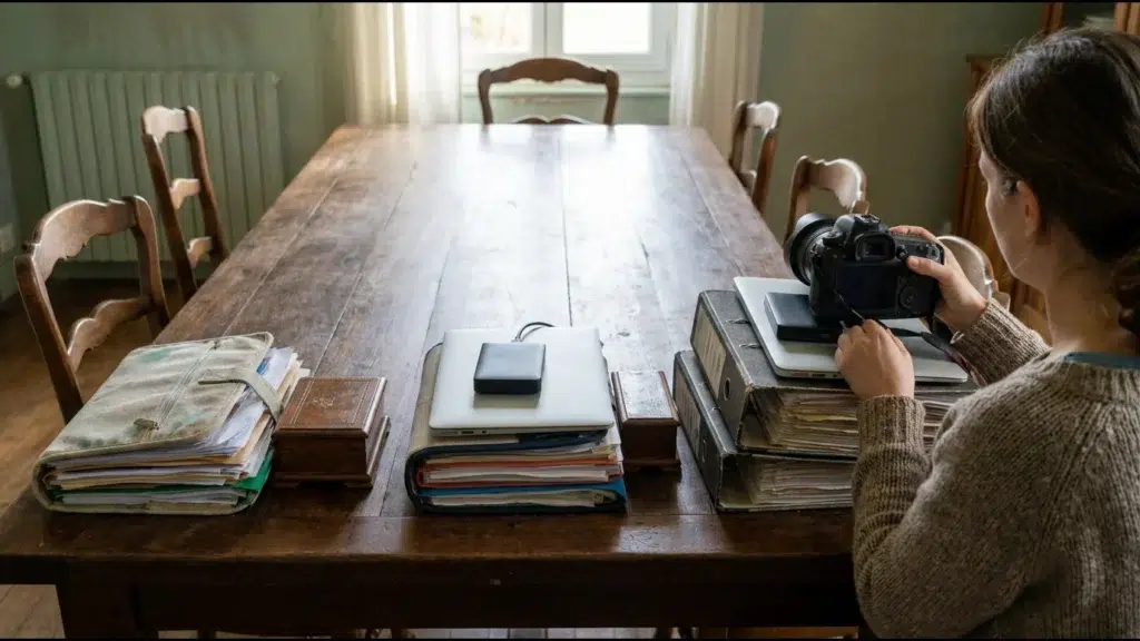 Trois tas d'objets de tailles croissantes sur une table de salle à manger, des papiers à l'écrin jusqu'aux classeurs, une femme de dos qui pose le dernier objet