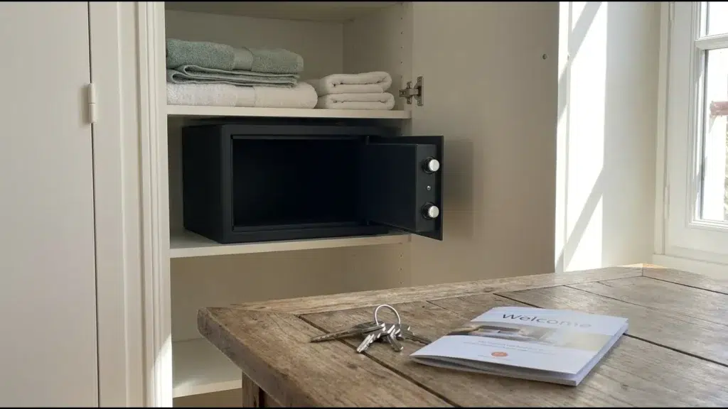 Logement de vacances prêt à accueillir, clés et carnet d'accueil sur la table, un petit coffre ouvert dans le placard de l'entrée