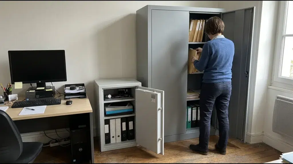 Bureau d'un cabinet, une employée de dos range des dossiers du personnel dans une armoire forte, un bureau avec écran éteint à côté