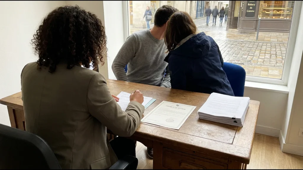 Une conseillère d'assurance de dos à son bureau reçoit un couple, un certificat de coffre-fort et un contrat posés entre eux
