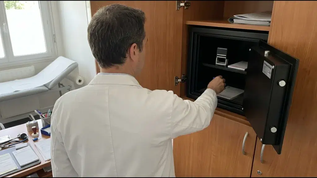 Cabinet médical, une praticienne de dos range un tampon et un carnet d'ordonnances dans un petit coffre fixé dans un placard, table d'examen au fond