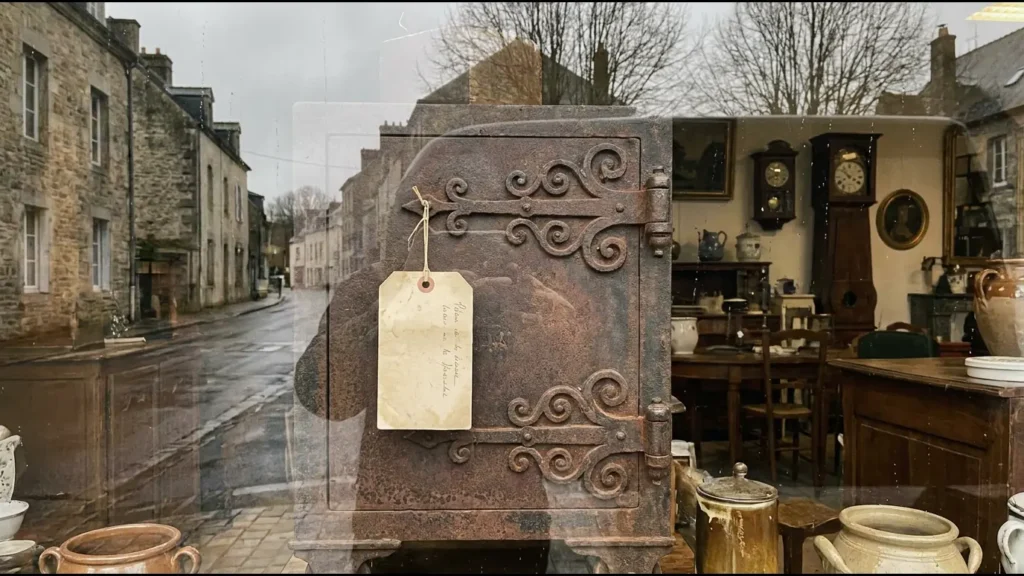 Vitrine d'une brocante, un vieux coffre en fonte à l'ancienne avec un écriteau vierge, reflet de la rue dans la vitre