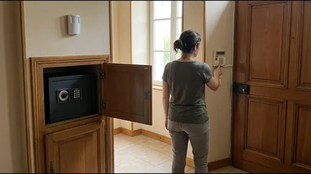 Entrée d'une maison, une femme de dos active l'alarme sur le clavier mural, le coffre visible dans le placard ouvert à côté
