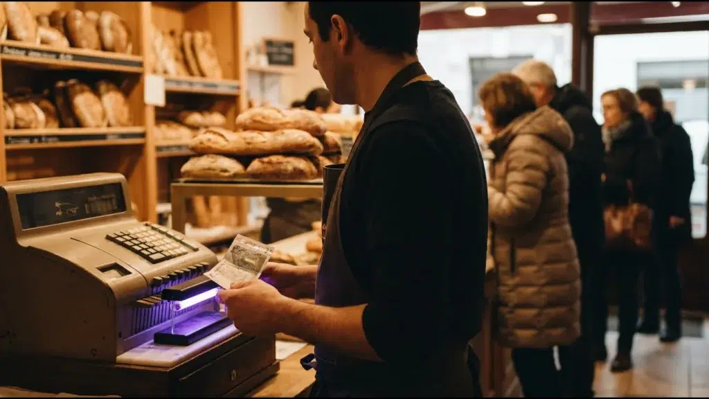 Caisse d'une boulangerie, une commerçante de profil passe un billet sous une petite lampe de contrôle, file de clients floue