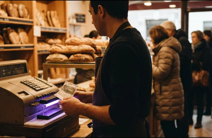 Caisse d'une boulangerie, une commerçante de profil passe un billet sous une petite lampe de contrôle, file de clients floue