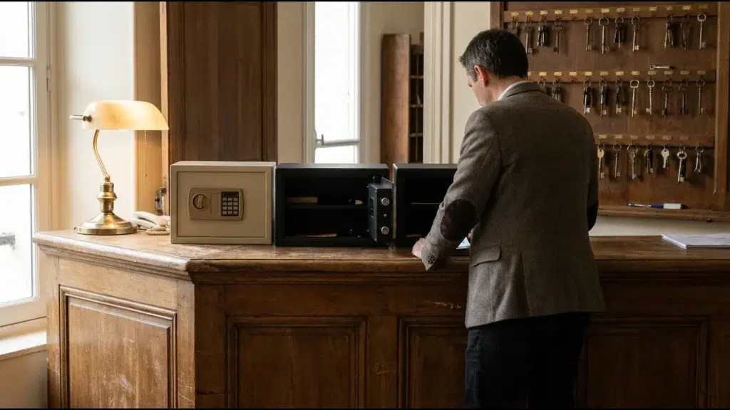 Réception d'hôtel, un gérant de dos compare deux petits coffres posés sur le comptoir, clés de chambres accrochées derrière