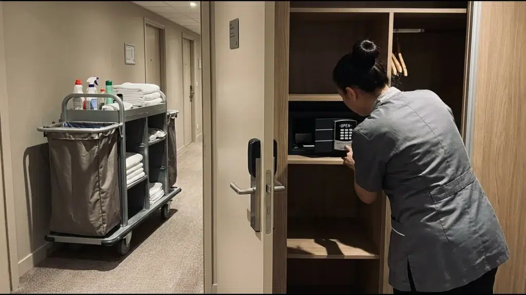 Couloir d'hôtel, une gouvernante de dos vérifie le coffre ouvert d'un placard de chambre, chariot de ménage devant la porte