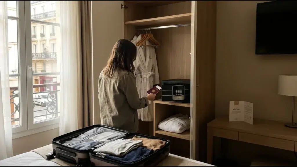Chambre d'hôtel, un voyageur de dos range son passeport dans le coffre du placard, valise ouverte sur le lit