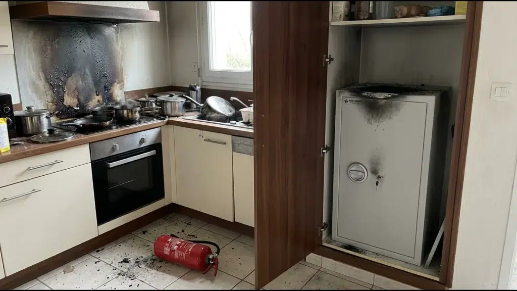 Cuisine après un début d'incendie maîtrisé, mur noirci et extincteur au sol, un coffre ignifuge intact dans le placard ouvert