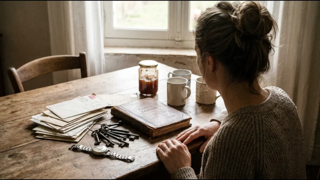 Table de cuisine le matin, une pile de papiers importants, un livret de famille, des clés et une montre héritée rassemblés devant une femme de dos pensive