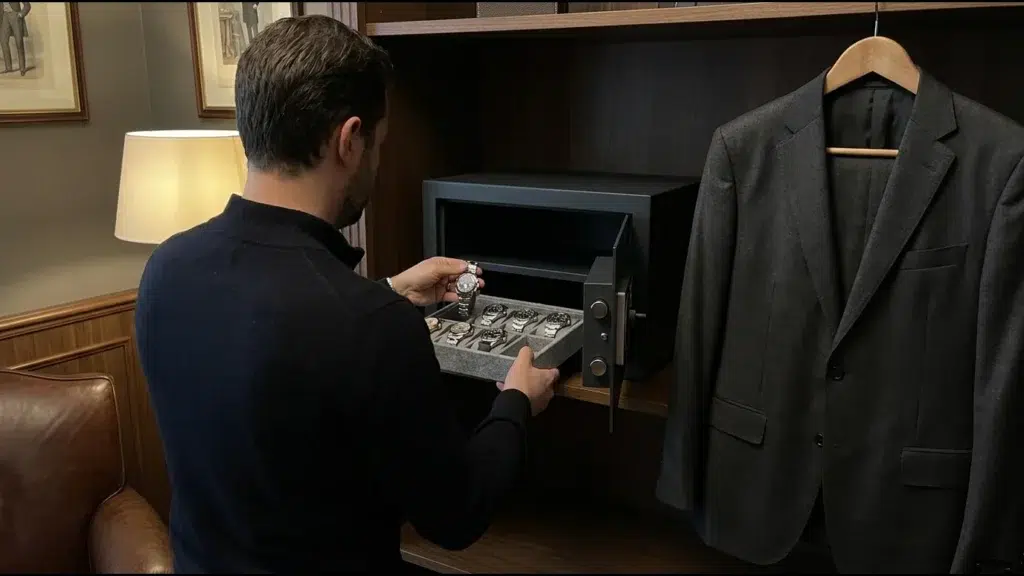 Dressing d'homme, un collectionneur de dos pose une montre dans un plateau de coffre garni de montres, veste sur cintre à côté