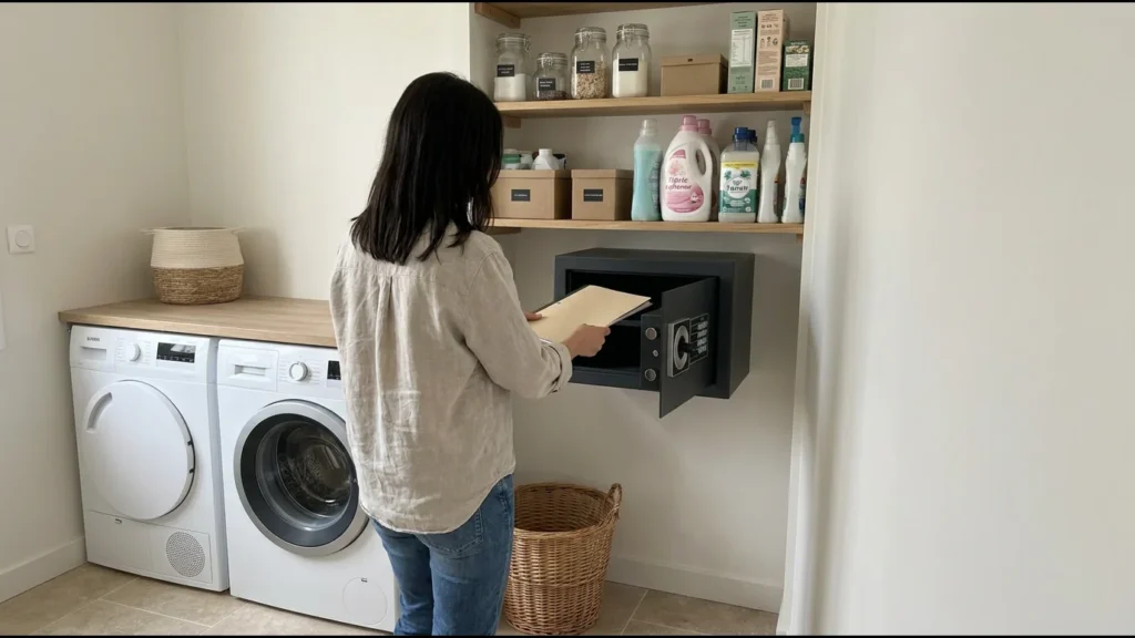 Vue large d'une buanderie, un coffre fixé au mur derrière la porte, à côté du lave-linge, une femme de dos y range un dossier