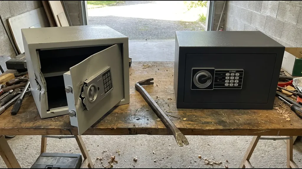 Établi de garage, un petit coffre bon marché à la porte tordue à côté d'un coffre certifié intact, un pied-de-biche posé entre les deux