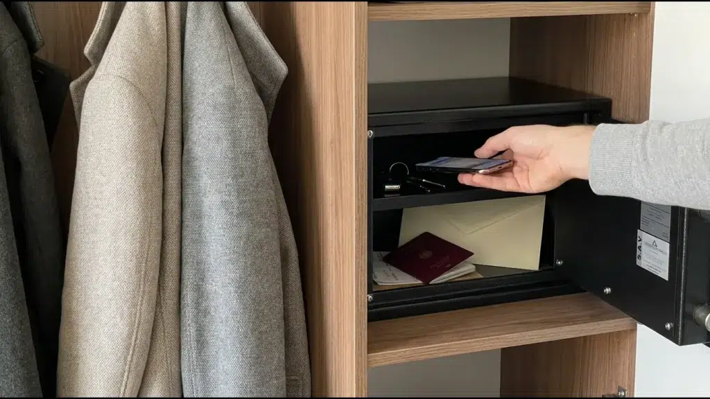 Étagère de placard d'entrée, un petit coffre ouvert avec des clés de voiture, un passeport et une enveloppe, une main qui pose un téléphone dedans