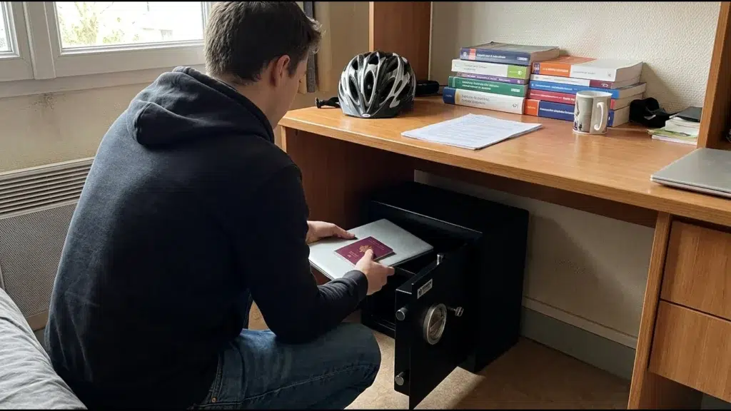 Chambre d'étudiant, un jeune homme de dos range un ordinateur portable et un passeport dans un petit coffre S1 sous le bureau