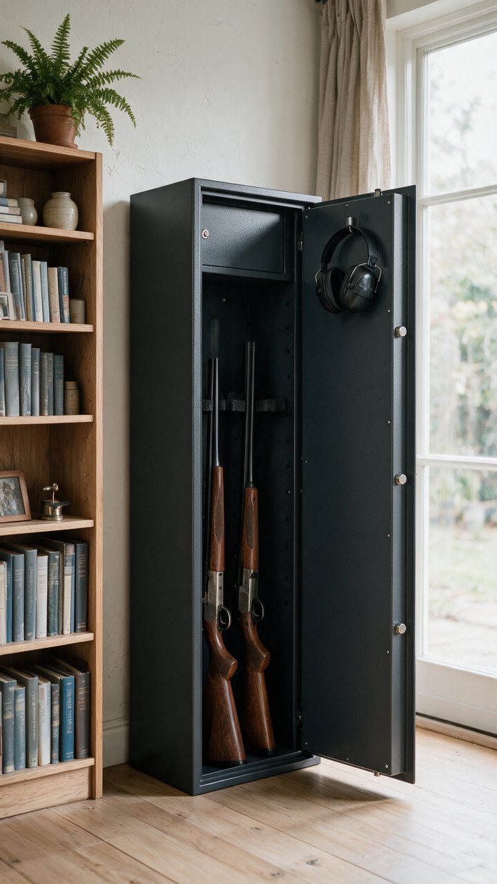 Armoire à fusils Hartmann ouverte dans un bureau, deux fusils rangés