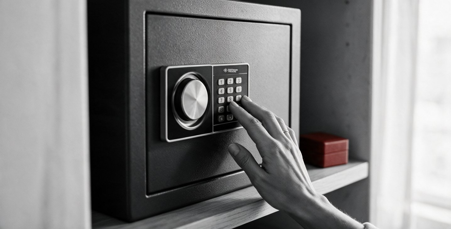 Un doigt compose le code sur le clavier d'un coffre-fort Hartmann HES 30