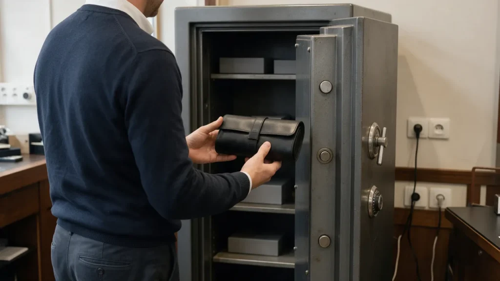 Image d'ambiance : dans une horlogerie, un gérant de dos devant un coffre-fort classe 5 à deux serrures