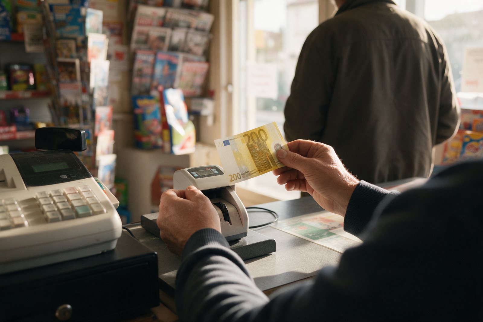 Image d'ambiance : au comptoir d'un bureau de tabac, un billet de 200 euros passé au détecteur avant d'être encaissé