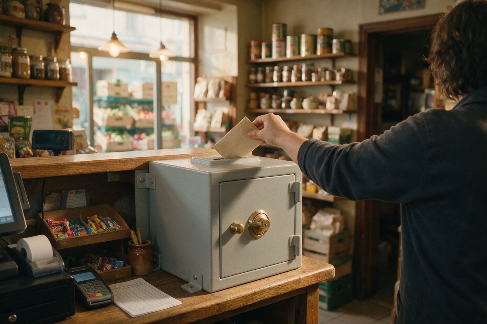 Image d’ambiance : au comptoir d’une épicerie, une enveloppe glissée dans la fente de dépôt d’un coffre