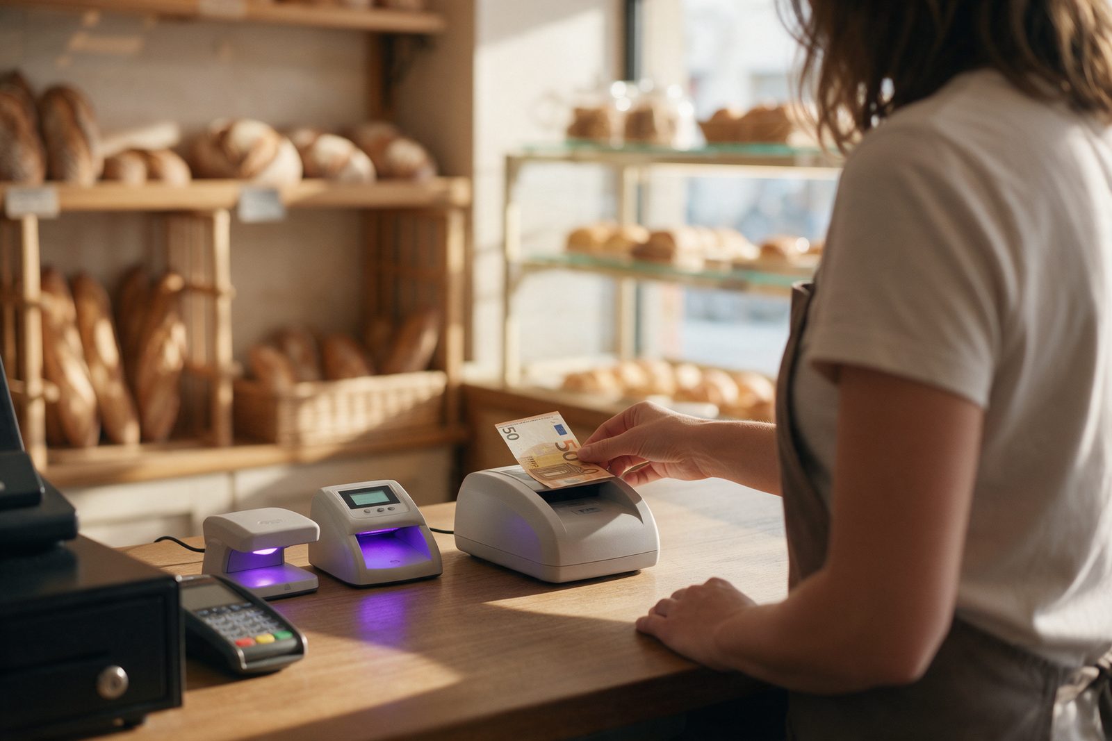 Image d’ambiance : au comptoir d’une boulangerie, une vendeuse glisse un billet de 50 euros dans un détecteur de faux billets automatique, à côté d’un second détecteur et d’une lampe UV allumée