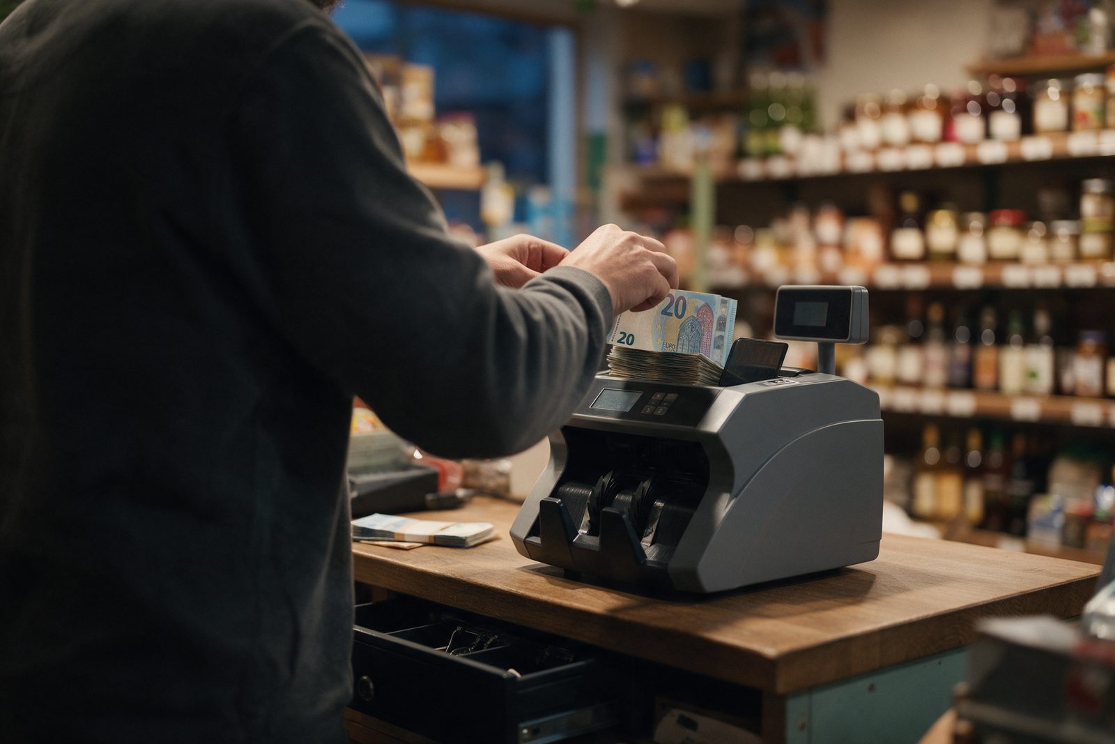 Image d’ambiance : à la clôture d’une épicerie de quartier, le commerçant, de dos, pose une liasse de billets de 20 euros dans la trémie d’une compteuse de billets, à côté du tiroir-caisse ouvert