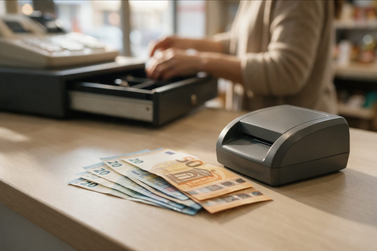 Image d’ambiance : sur le comptoir d’un commerce, des billets de 20 et de 50 euros posés à côté d’un détecteur de faux billets automatique