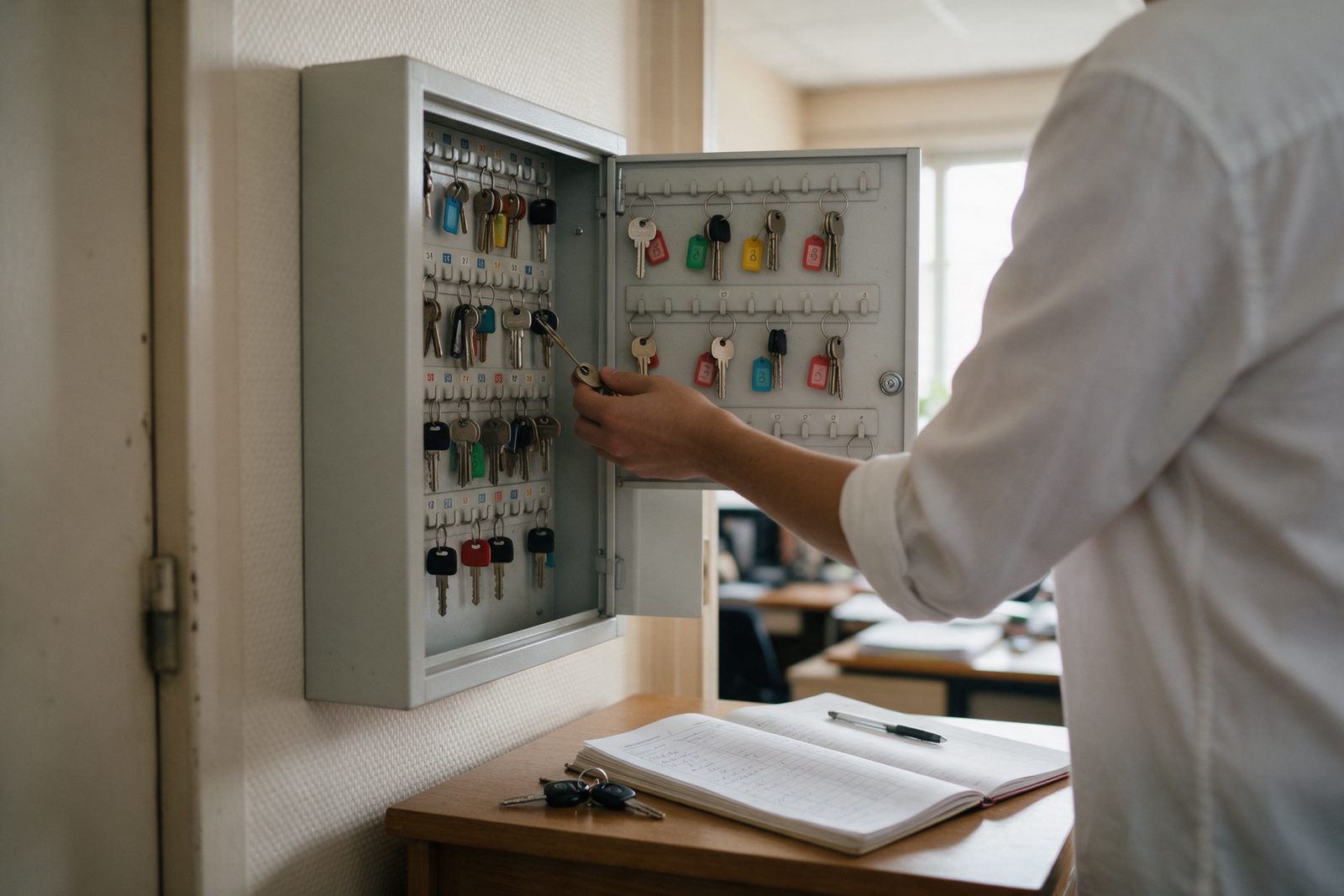 Image d’ambiance : dans le bureau d’une entreprise, un salarié de dos raccroche une clé dans une armoire à clés murale ouverte, à côté du registre des clés posé sur la table