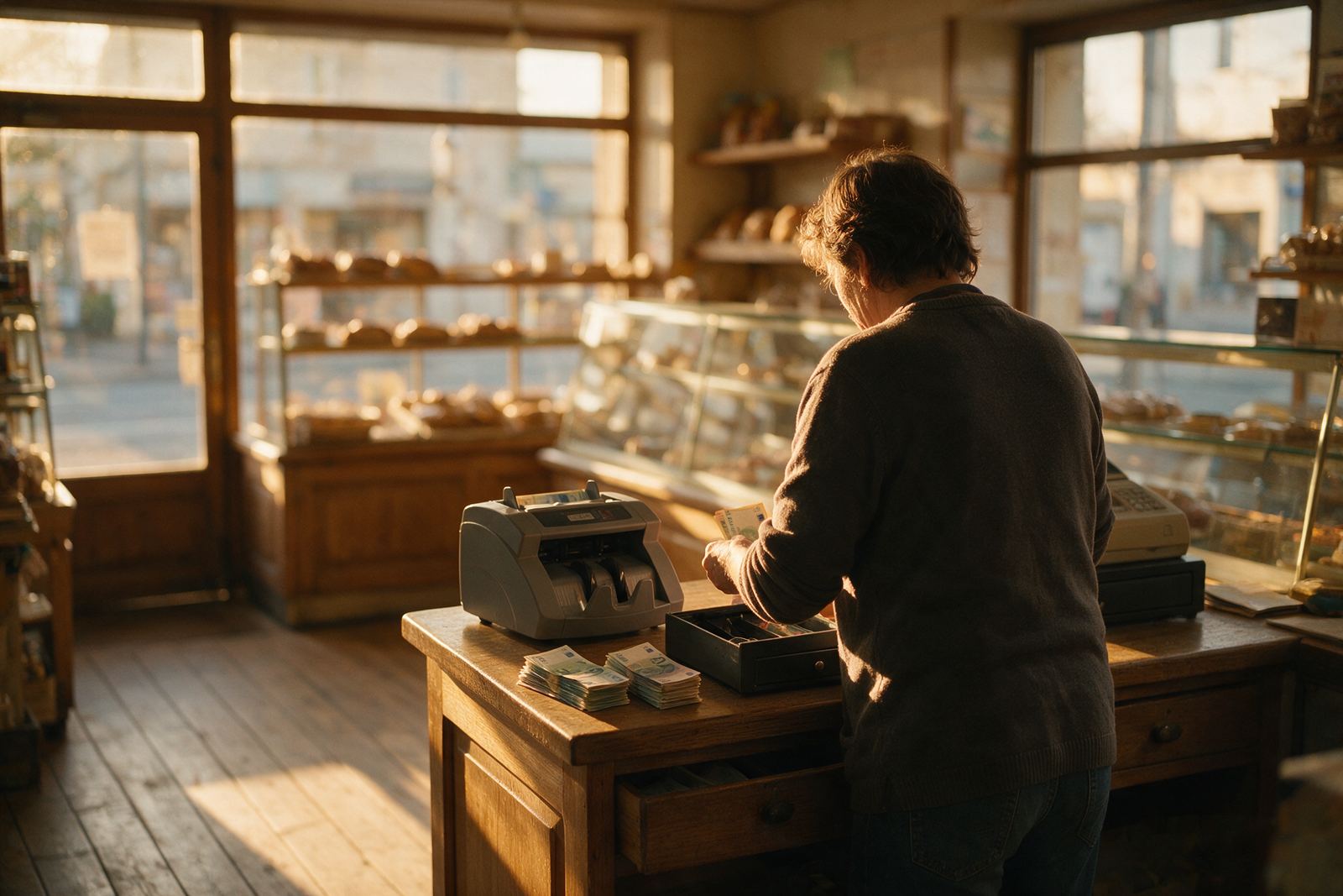 Image d’ambiance : à la clôture d’une boulangerie, la recette rangée en liasses à côté du tiroir-caisse et d’une compteuse de billets