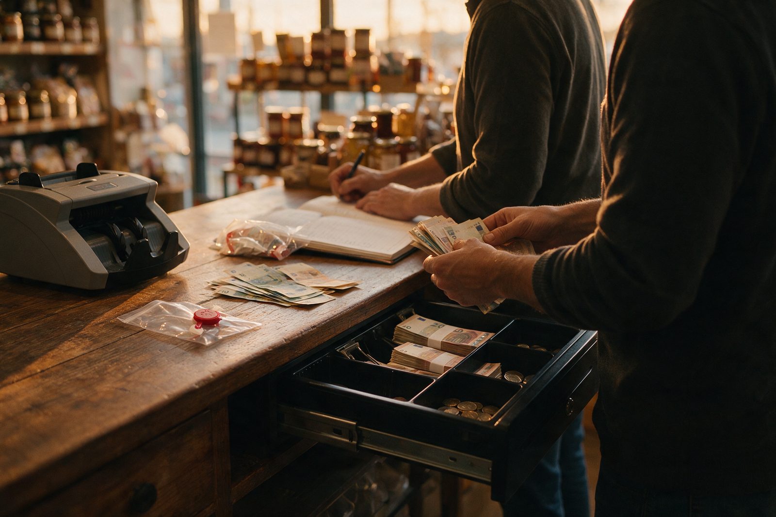 Image d’ambiance : à la clôture d’une épicerie fine, un employé compte le tiroir-caisse pendant qu’un second note le total dans le cahier de caisse, à côté d’une compteuse de billets et d’un sachet scellé