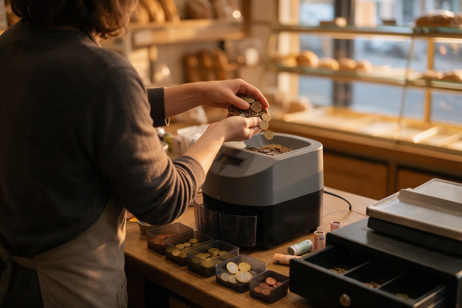 Image d’ambiance : à la fermeture d’une boulangerie, la commerçante, de dos, verse des pièces en vrac dans une trieuse de pièces ; devant la machine, les pièces triées par valeur dans des bacs, à côté du tiroir-caisse ouvert